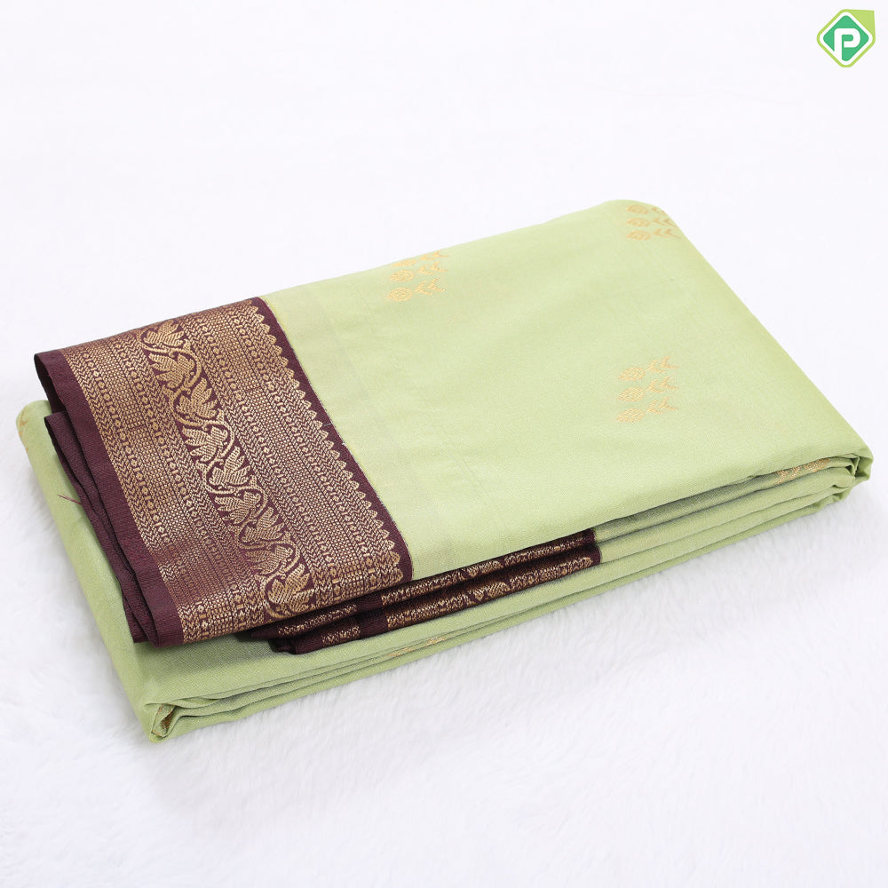 Spring green gold zari butta design contrast brown rangoli border gift saree