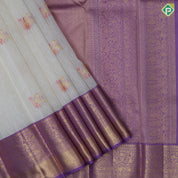 Cream White gold zari sparrow meena work butta contrast lavender gold zari border kanchi kora silk saree