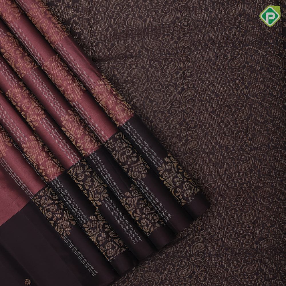 Dark onion silver gold zari fancy design contrast brown silver gold zari border pure mix silk saree