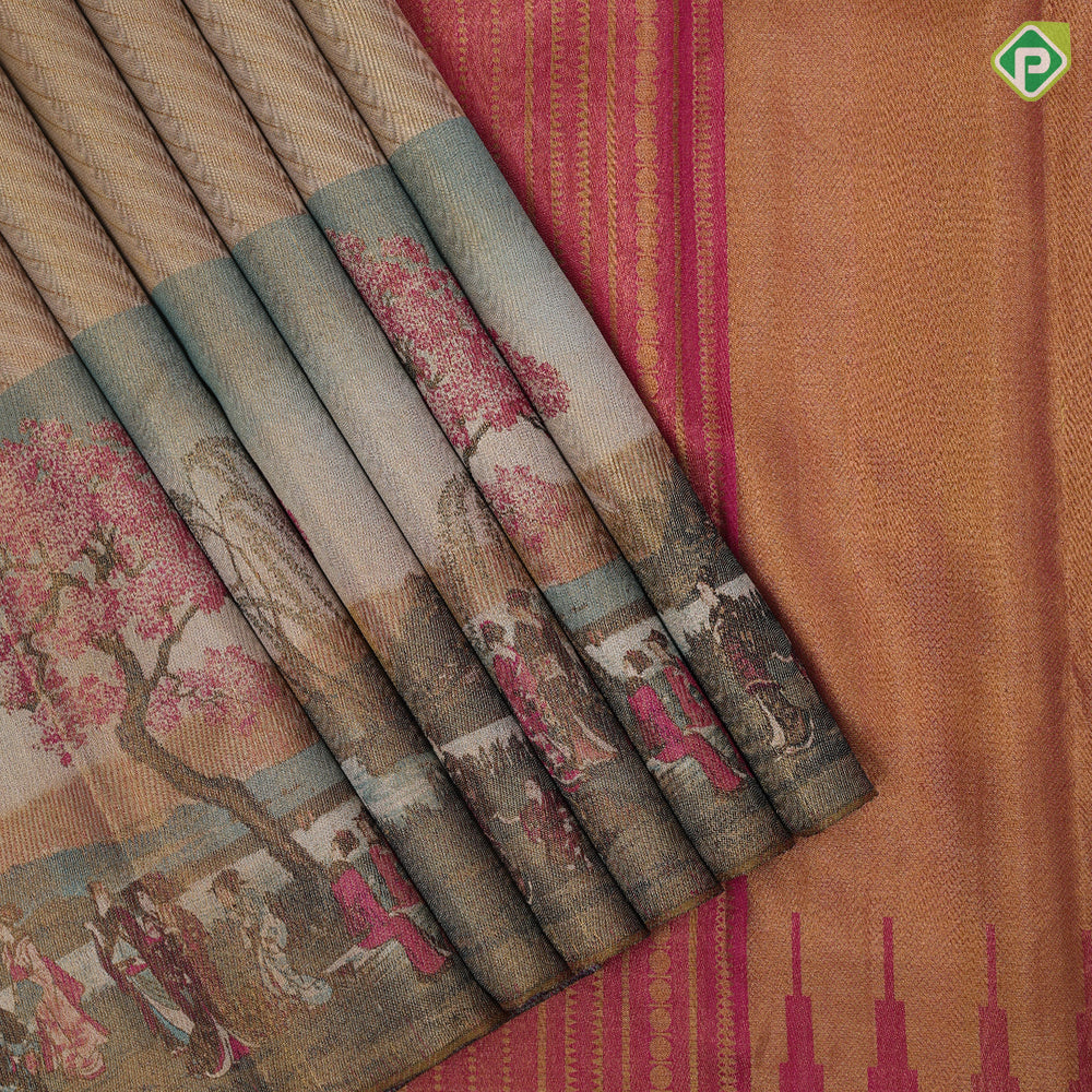 Creamy cherry blossom landscape Japan Korea Scenery inspired border fusion tissue signature edition silk saree