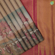 Creamy cherry blossom landscape Japan Korea Scenery inspired border fusion tissue signature edition silk saree