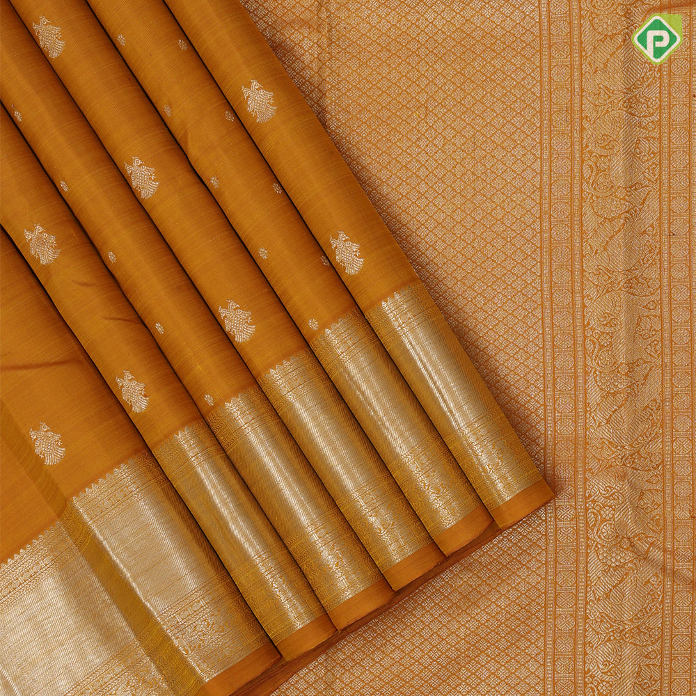 Mustard Gold Zari Gandaberunda Butta Design Self Ruthracham Bavanji Border Design Traditional Silk Saree