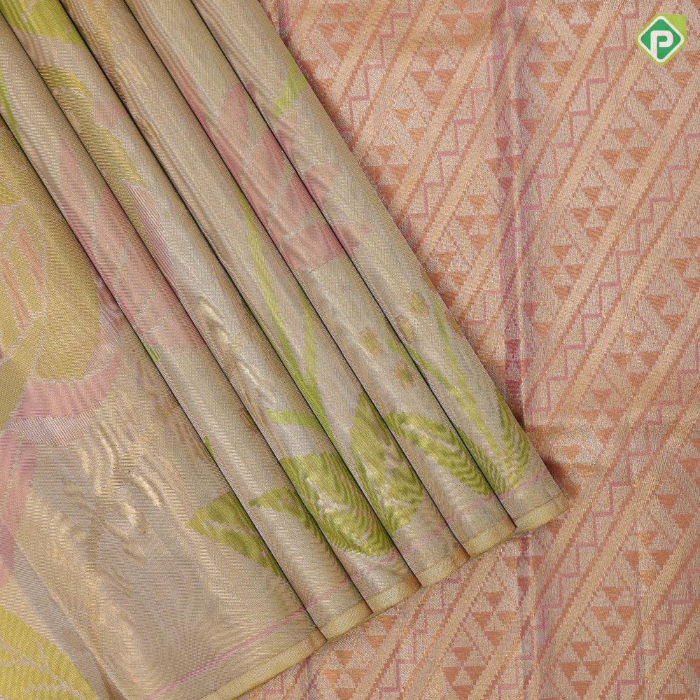 Lemon green base multi color big floral design borderless painting inspired tissue silk saree