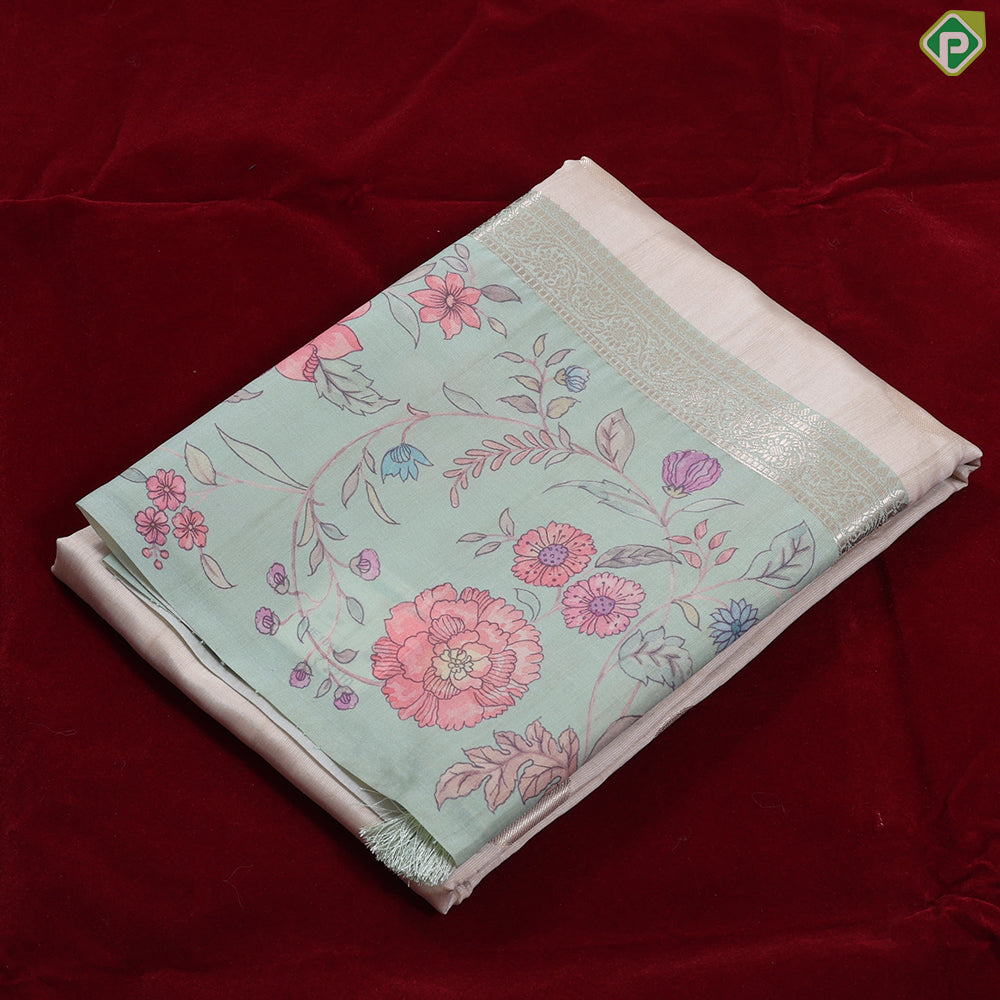 cream with gold zari round butta design baby pink multi colour floral border semi tusser saree