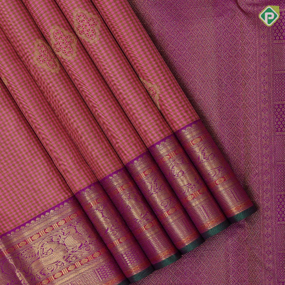 pink with mehndi green checks floral meena work design purple gold zari green edge meena work border traditional silk saree