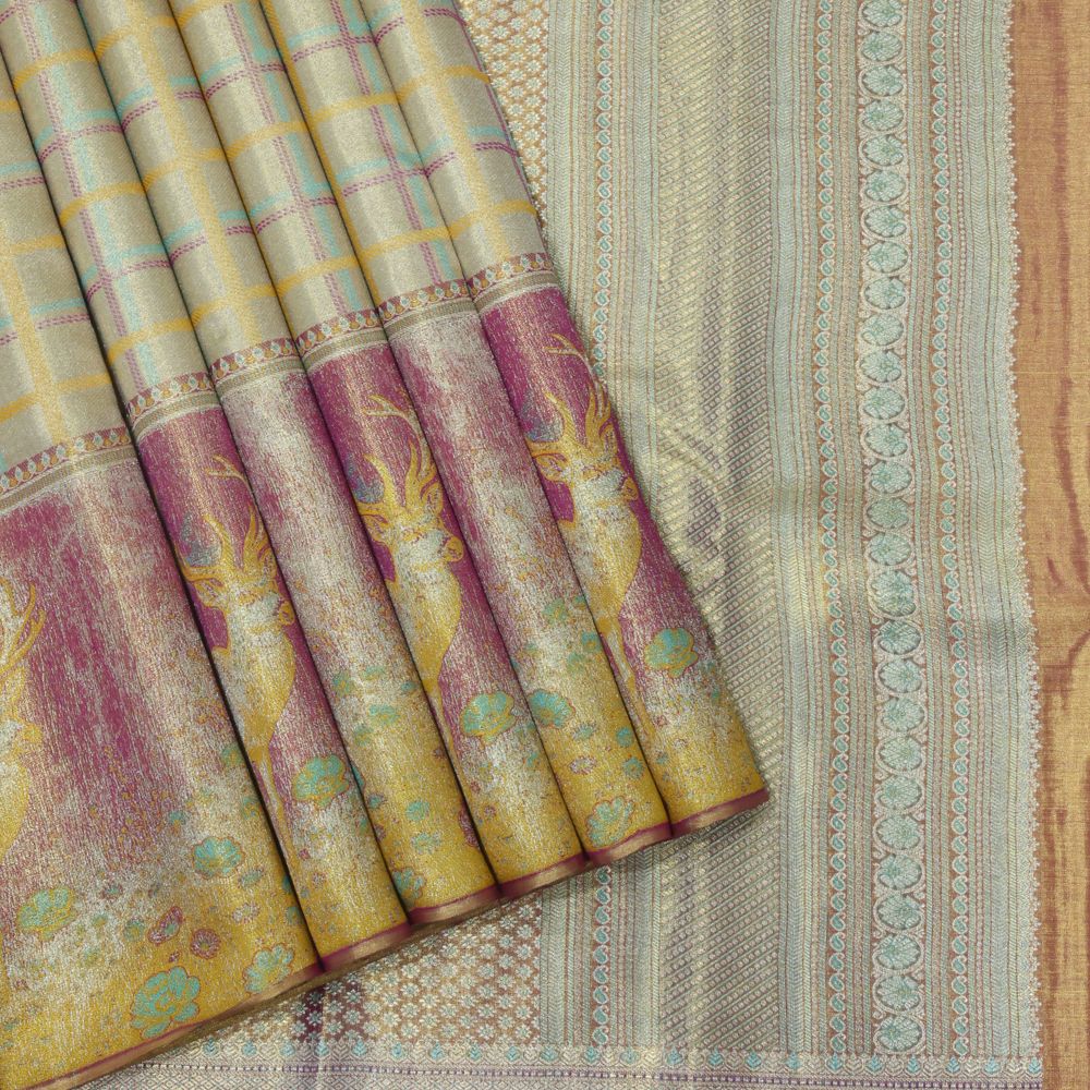 Golden yellow Multi color silk thread checks tropical effect border trendy tissue contemporary silk saree