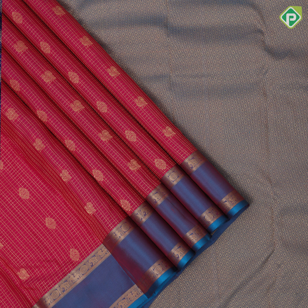 Rani Pink Gold Zari Small Checks Peacock Thilagam Design peacock Blue Peacock Elephant Chagaram Border Design Pure Mix Silk Saree