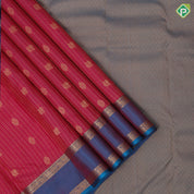 Rani Pink Gold Zari Small Checks Peacock Thilagam Design peacock Blue Peacock Elephant Chagaram Border Design Pure Mix Silk Saree