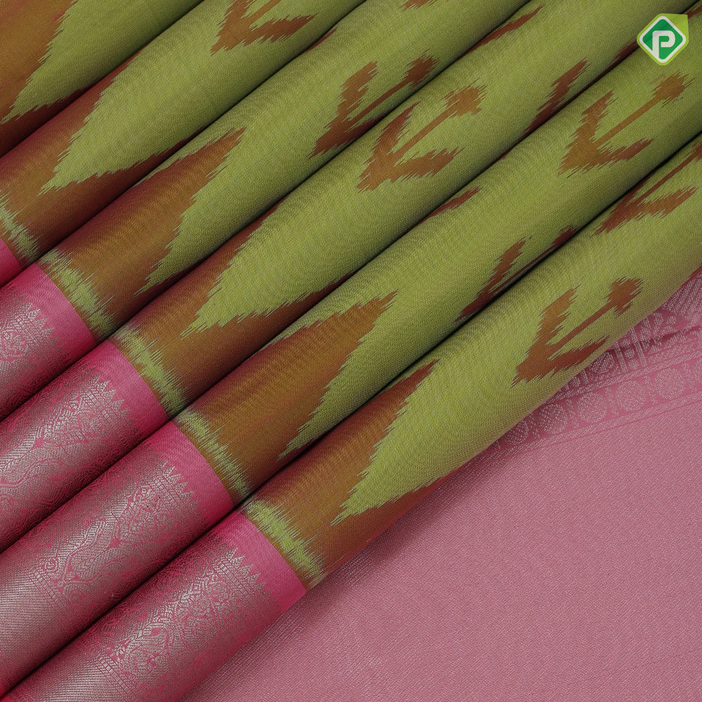 parrot green ikkat design pale pink silver zari double peacock arch design border gift silk saree