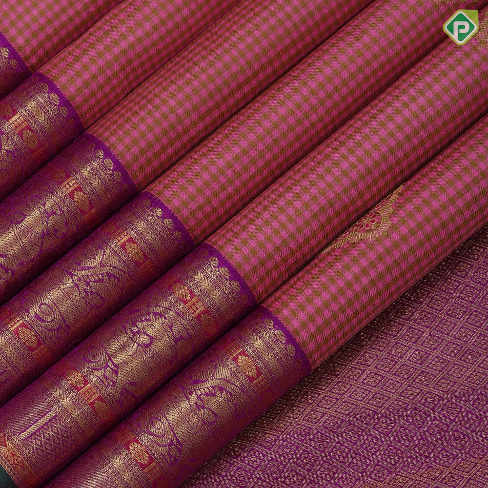 pink with mehndi green checks floral meena work design purple gold zari green edge meena work border traditional silk saree