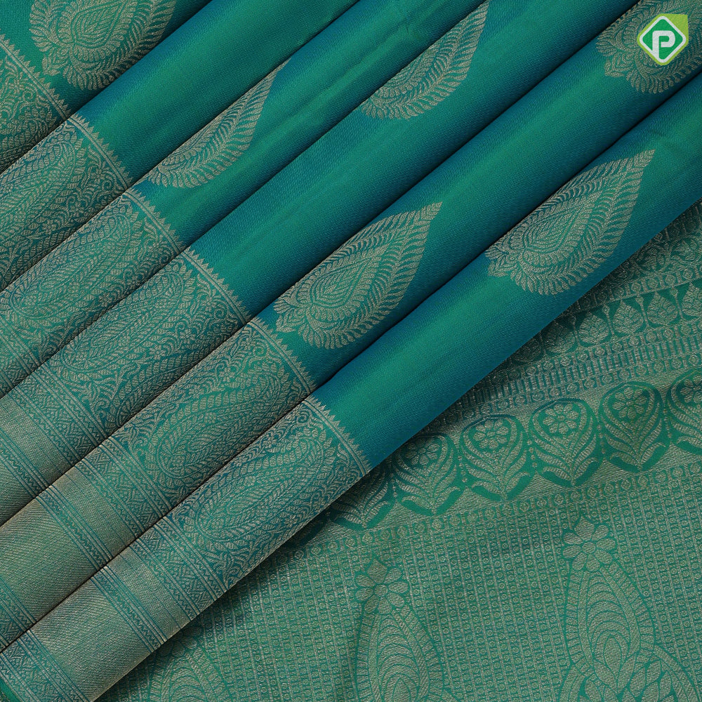 Bottle green gold zari leaf design self gold zari mango butta border gift silk saree