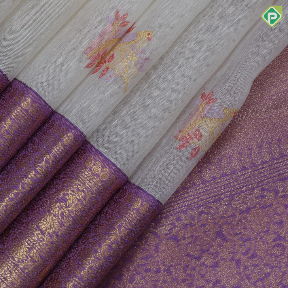 Cream White gold zari sparrow meena work butta contrast lavender gold zari border kanchi kora silk saree