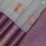 Cream White gold zari sparrow meena work butta contrast lavender gold zari border kanchi kora silk saree