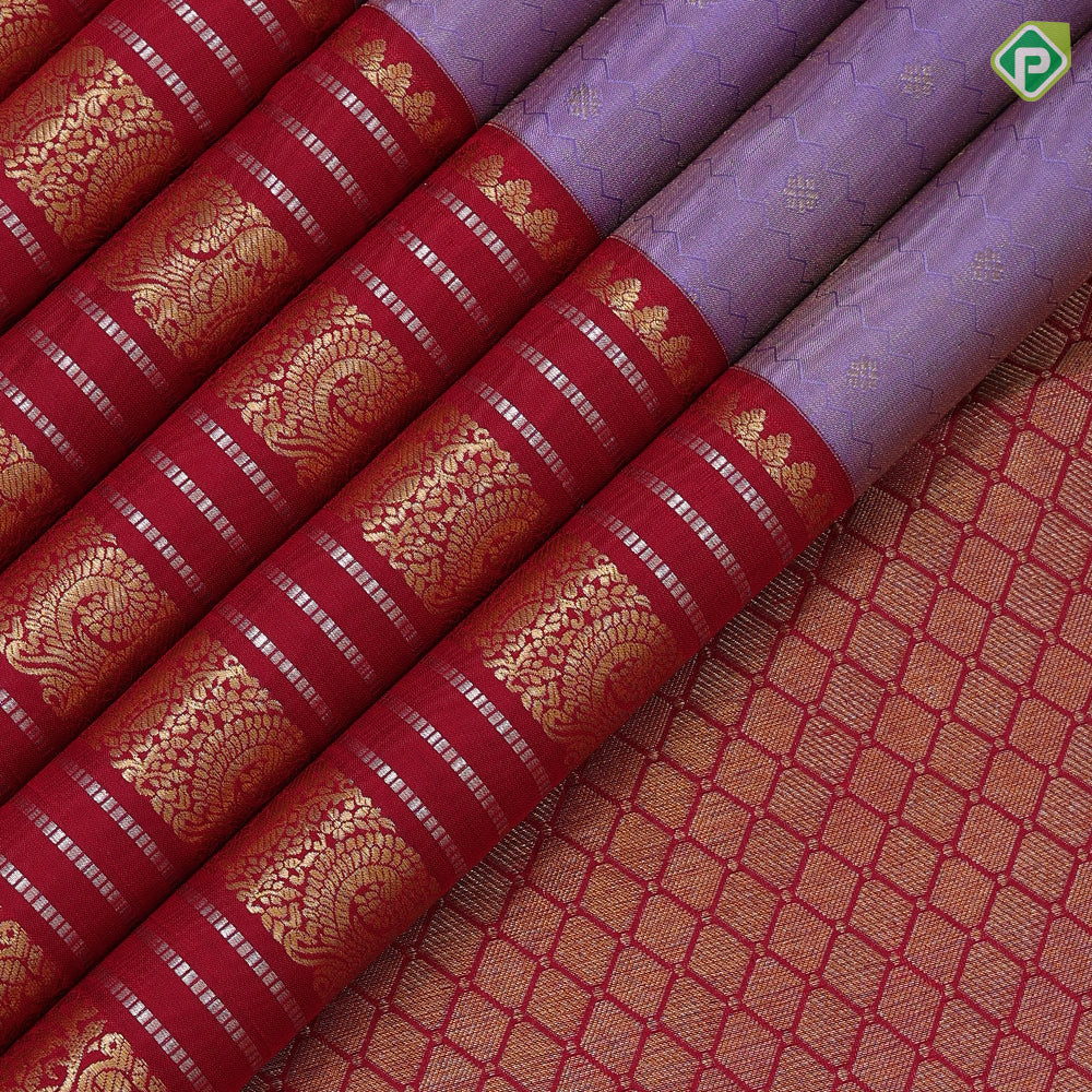 Lavender gold zari tissue star butta thread zig zag lines maroon gold zari peacock butta silver zari lines border traditional silk saree
