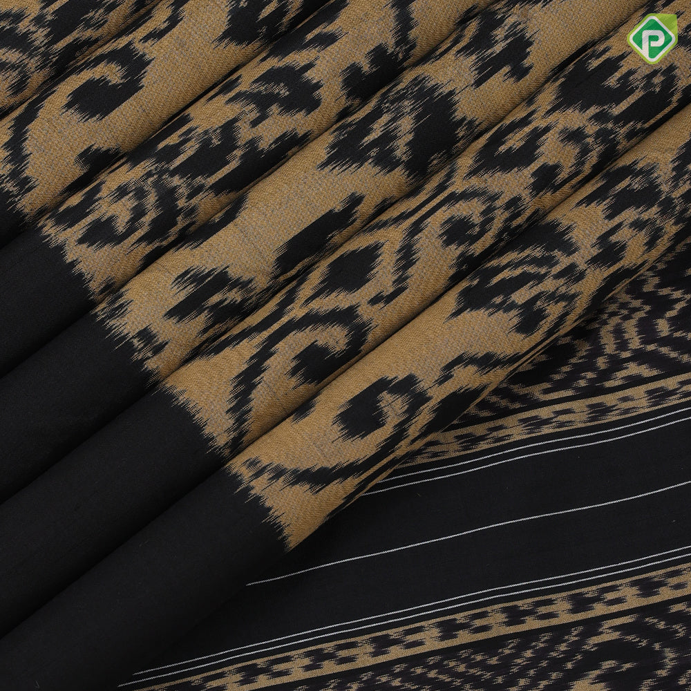 golden base black ikkat design black plain border ikkat design silk saree
