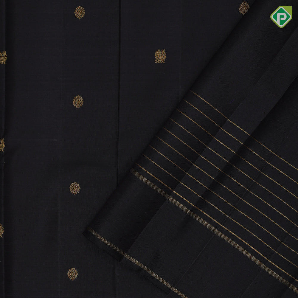 Luxury black gold zari peacock rudraksham butta self gold zari kattam design border traditional silk saree