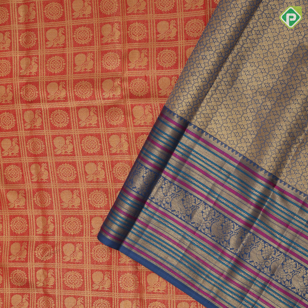 Chilly red gold zari peacock rudraksham checks design contrast gold zari multi color meena work border Exclusive signature edition silk saree