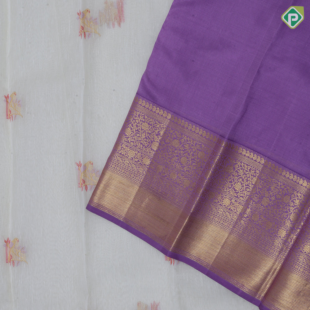 Cream White gold zari sparrow meena work butta contrast lavender gold zari border kanchi kora silk saree