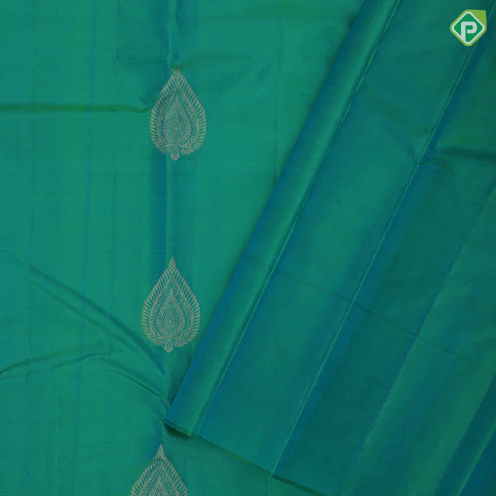 Bottle green gold zari leaf design self gold zari mango butta border gift silk saree