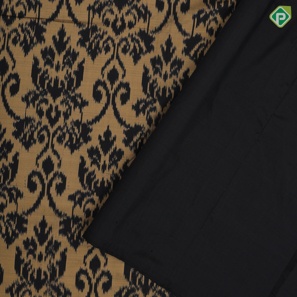 golden base black ikkat design black plain border ikkat design silk saree