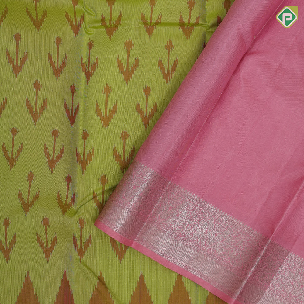 parrot green ikkat design pale pink silver zari double peacock arch design border gift silk saree