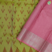 parrot green ikkat design pale pink silver zari double peacock arch design border gift silk saree
