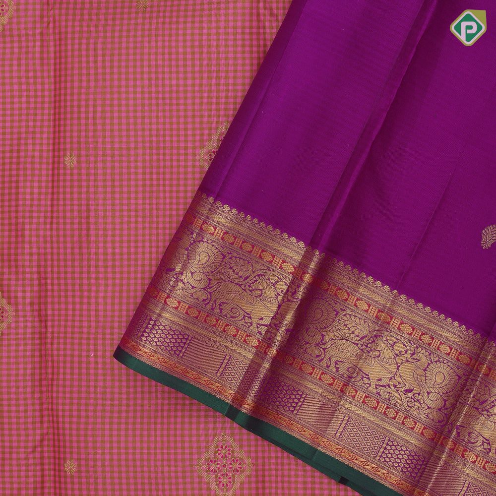 pink with mehndi green checks floral meena work design purple gold zari green edge meena work border traditional silk saree