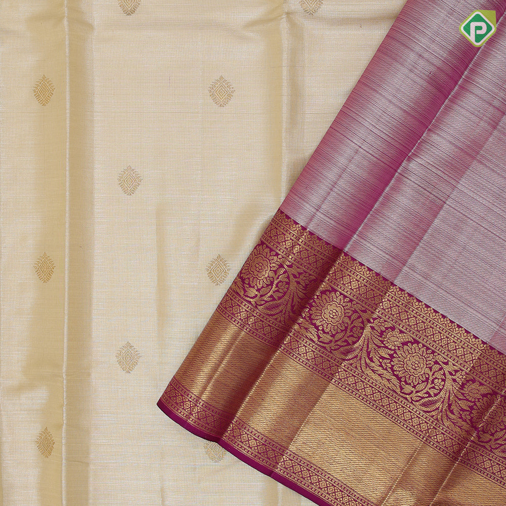 Sandal grey gold zari diamond butta shimmer tissue contrast purple gold zari rangoli floral border signature edition silk saree