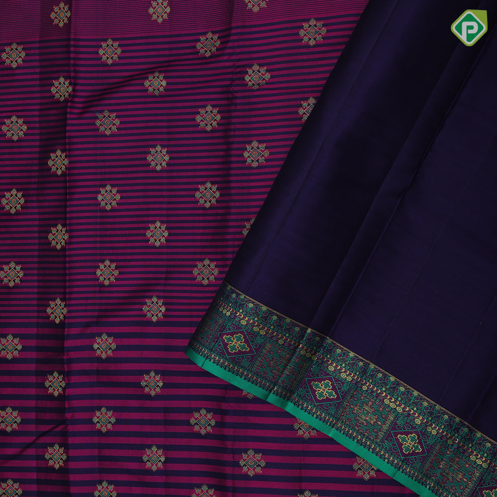 Purple base blue three part lines gold zari rangoli meena work butta peacock green multi color meena work border trendy designer silk saree