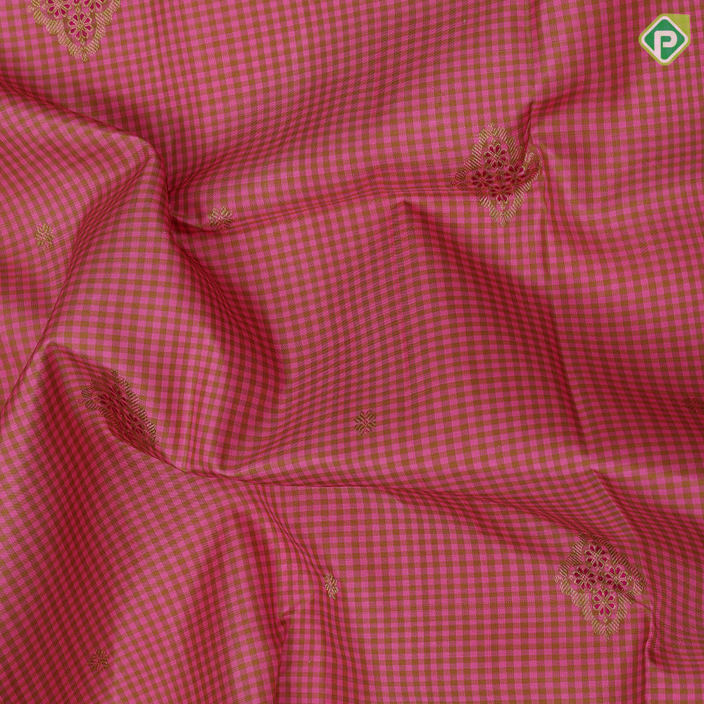 pink with mehndi green checks floral meena work design purple gold zari green edge meena work border traditional silk saree