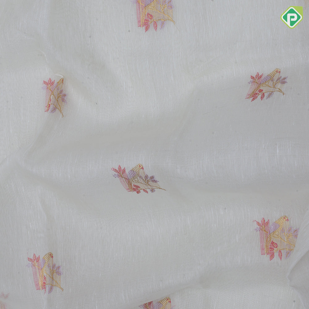Cream White gold zari sparrow meena work butta contrast lavender gold zari border kanchi kora silk saree