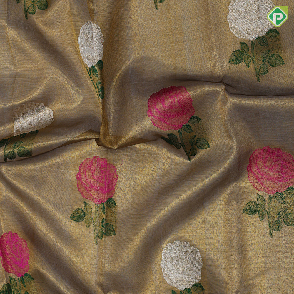 gold zari tissue multi color rose meena work design lavender gold zari border bridal tissue silk saree