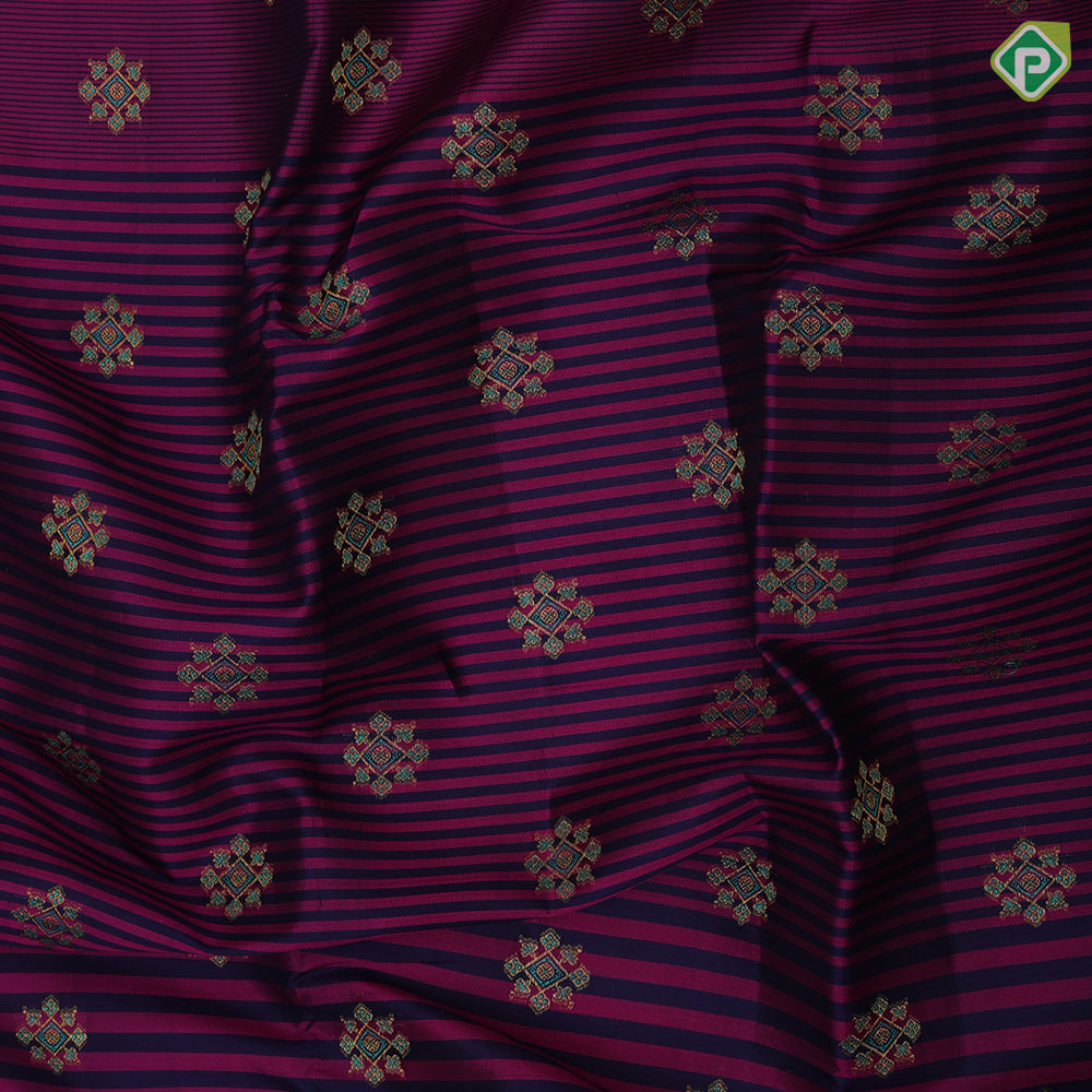 Purple base blue three part lines gold zari rangoli meena work butta peacock green multi color meena work border trendy designer silk saree