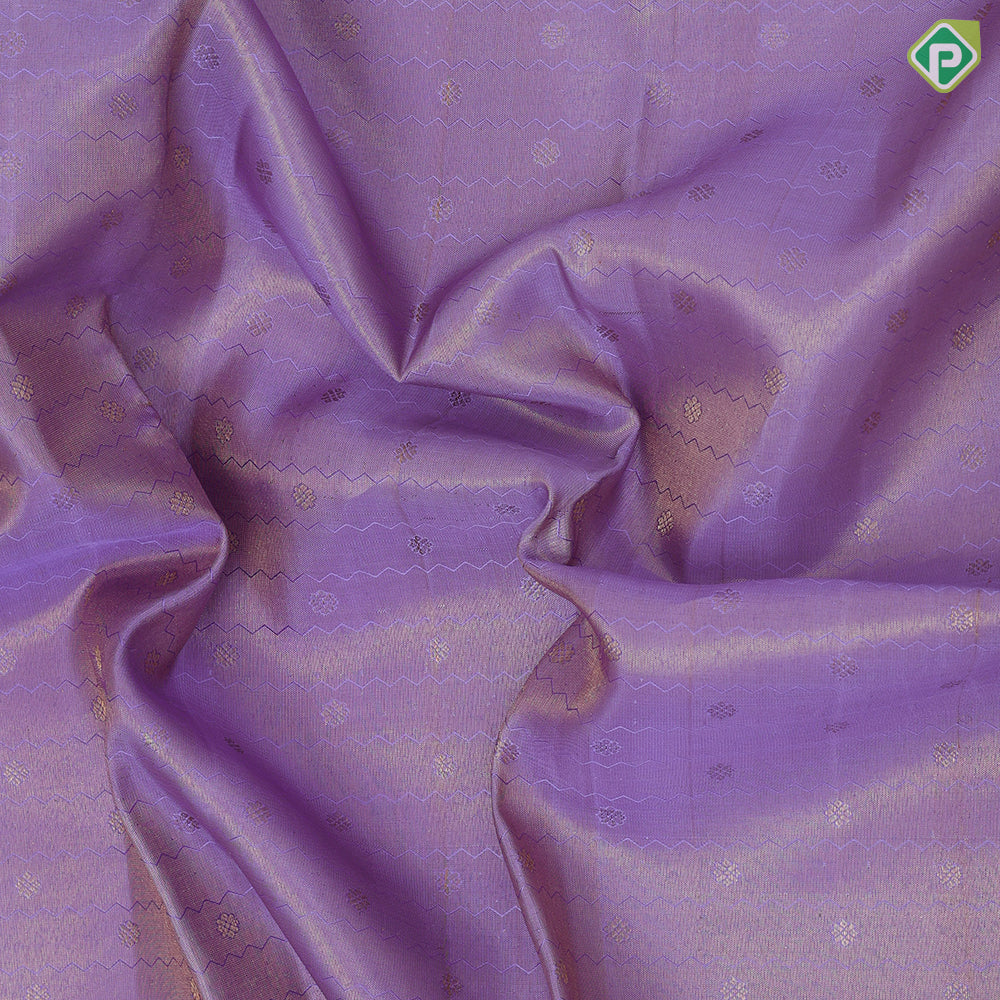Lavender gold zari tissue star butta thread zig zag lines maroon gold zari peacock butta silver zari lines border traditional silk saree