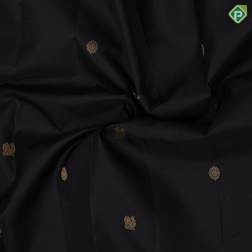 Luxury black gold zari peacock rudraksham butta self gold zari kattam design border traditional silk saree