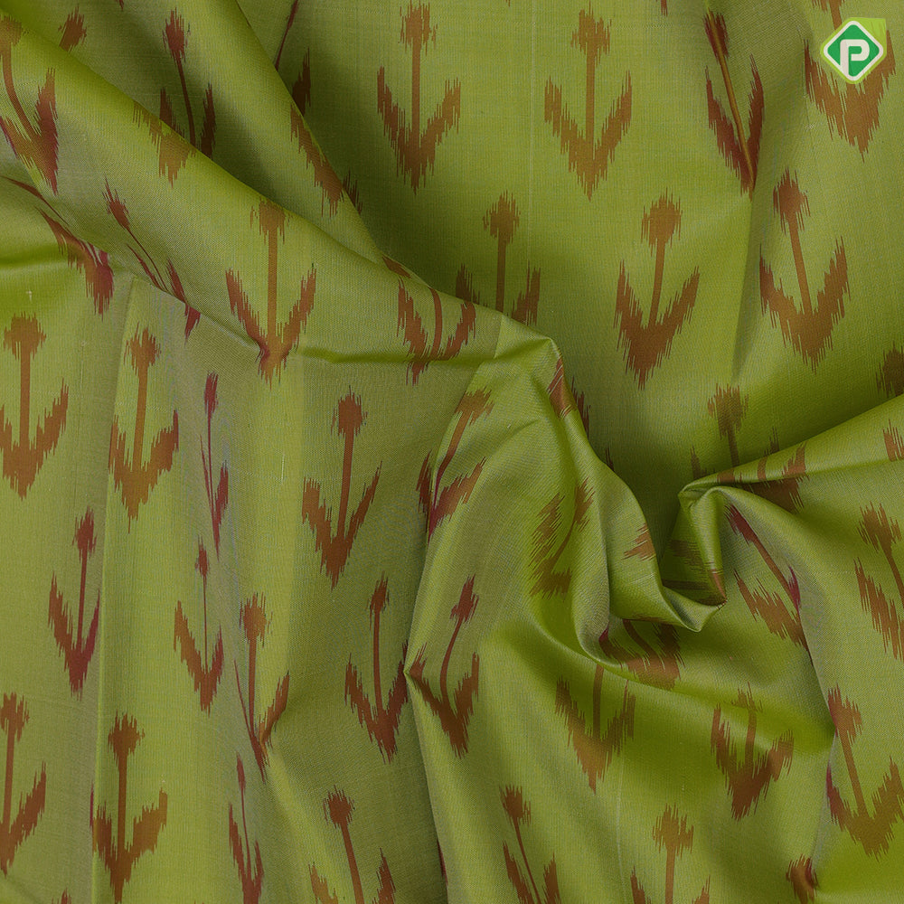 parrot green ikkat design pale pink silver zari double peacock arch design border gift silk saree