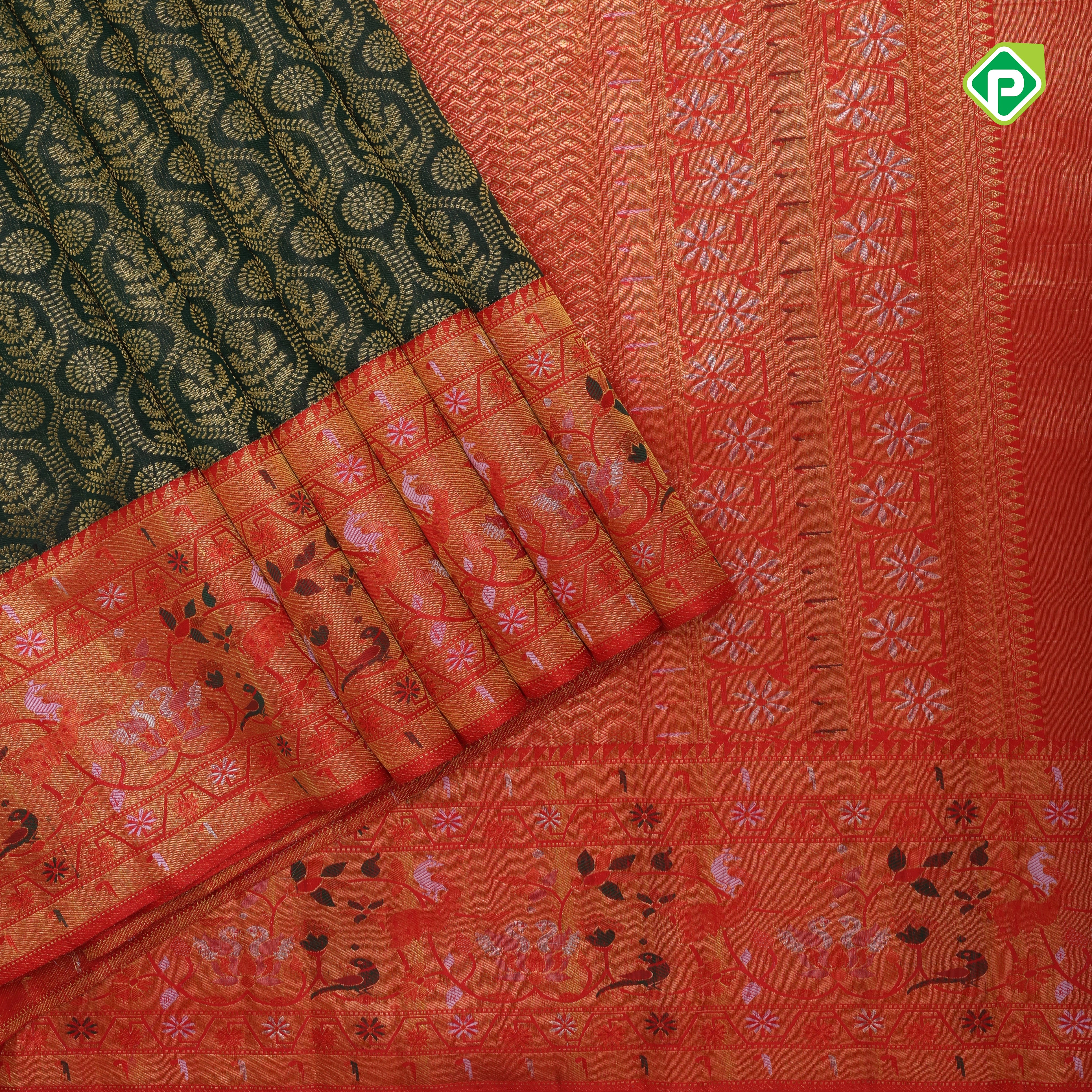 Forest green gold zari chakram grand butta design contrast red pythanic border grand bridal silk saree