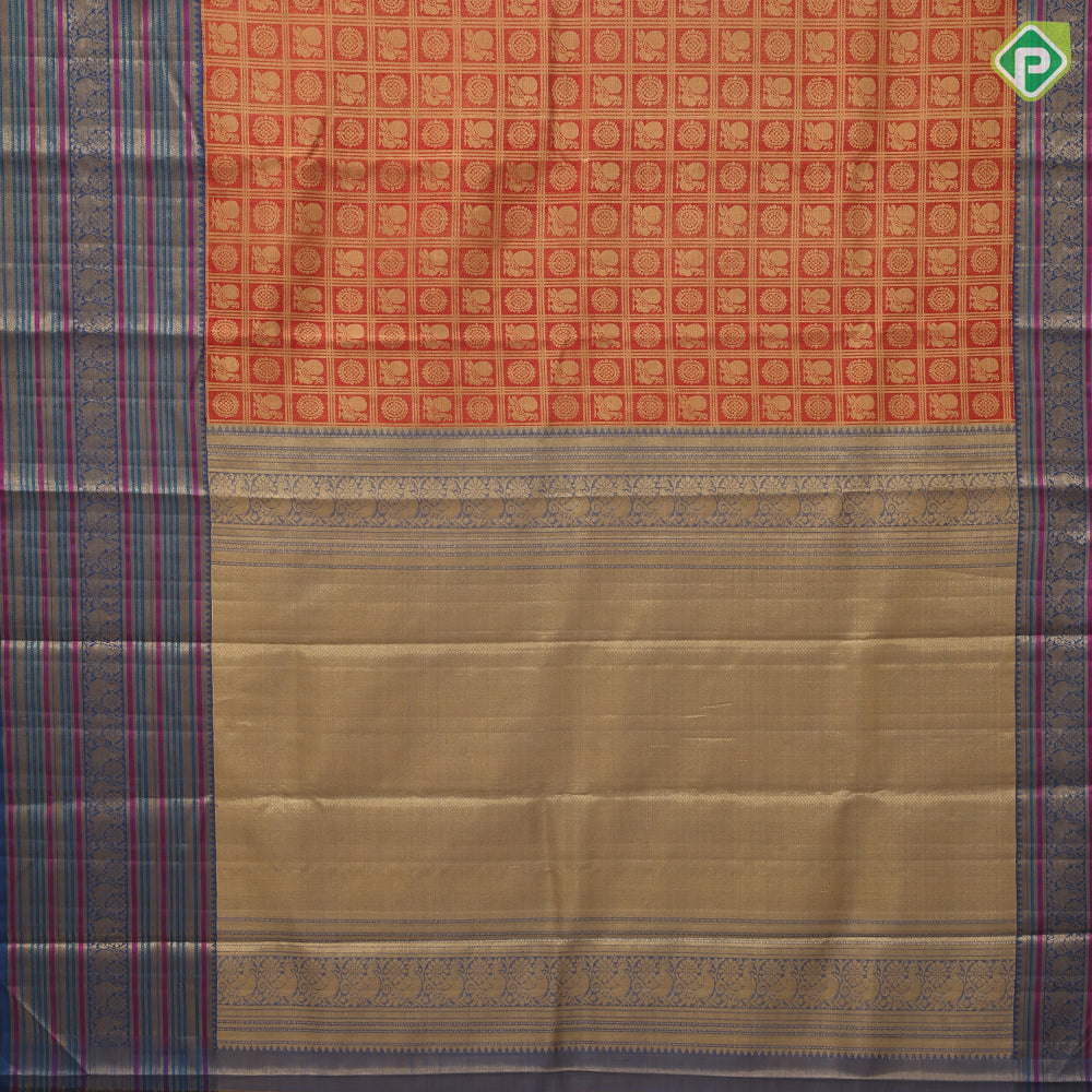 Chilly red gold zari peacock rudraksham checks design contrast gold zari multi color meena work border Exclusive signature edition silk saree