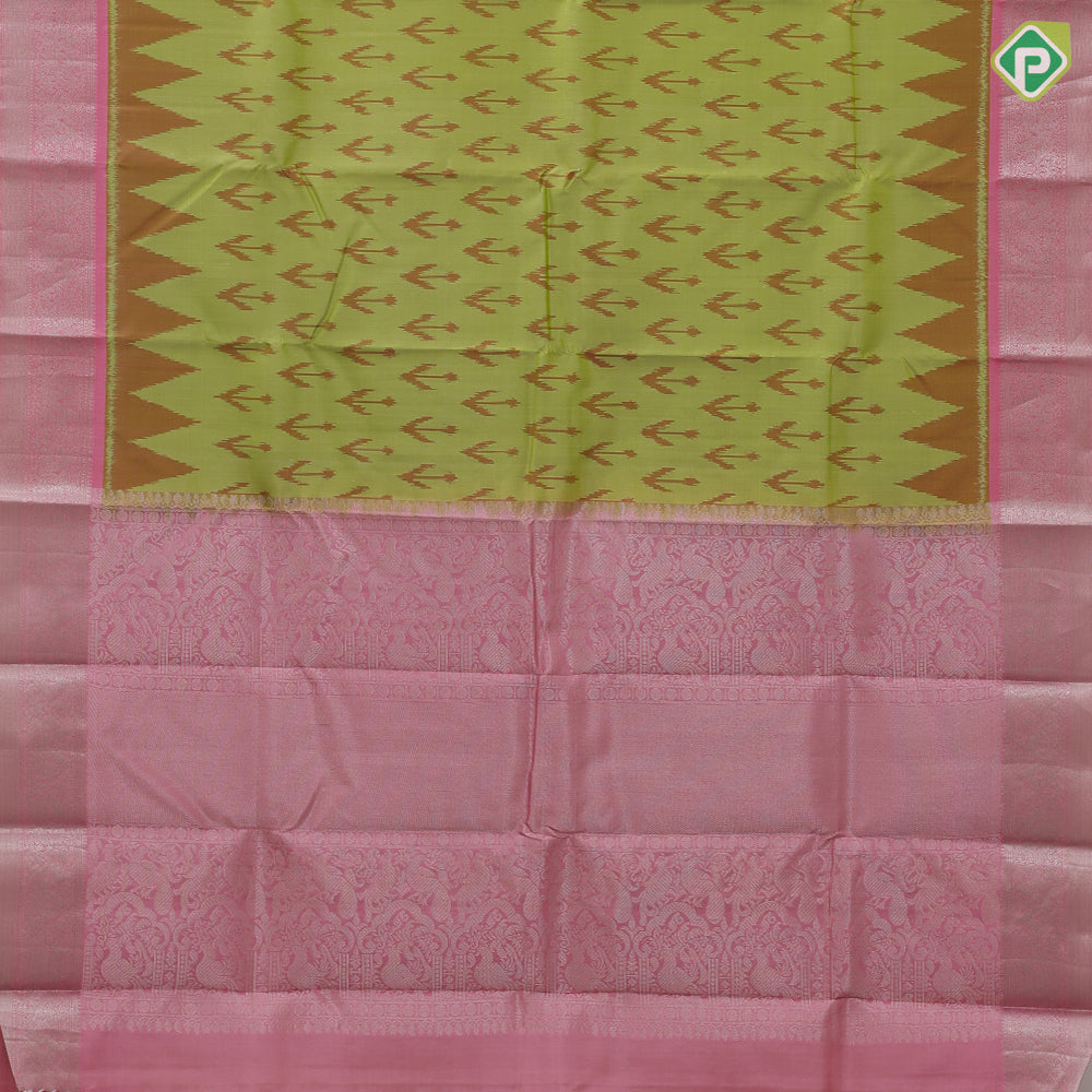 parrot green ikkat design pale pink silver zari double peacock arch design border gift silk saree