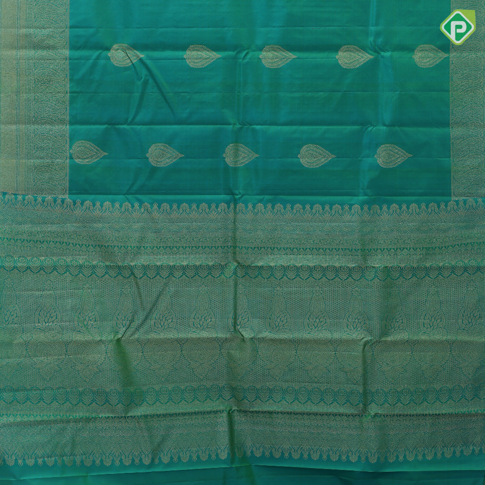 Bottle green gold zari leaf design self gold zari mango butta border gift silk saree