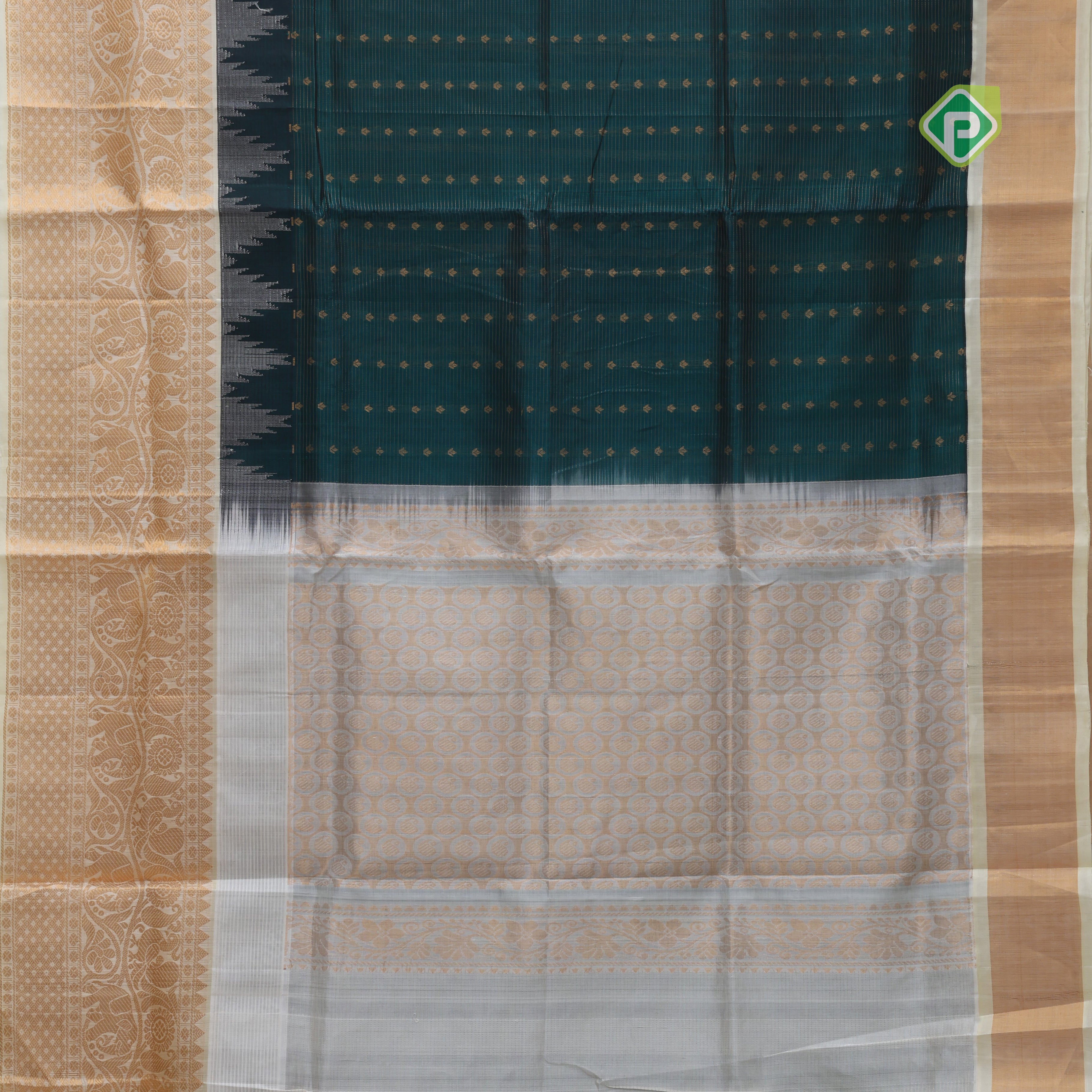 Peacock blue gold zari lines thilagam buttas design milk cream gold zari border silk cotton saree