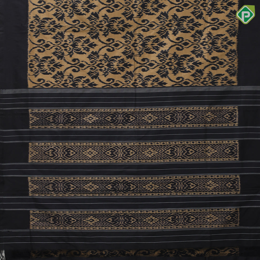 golden base black ikkat design black plain border ikkat design silk saree