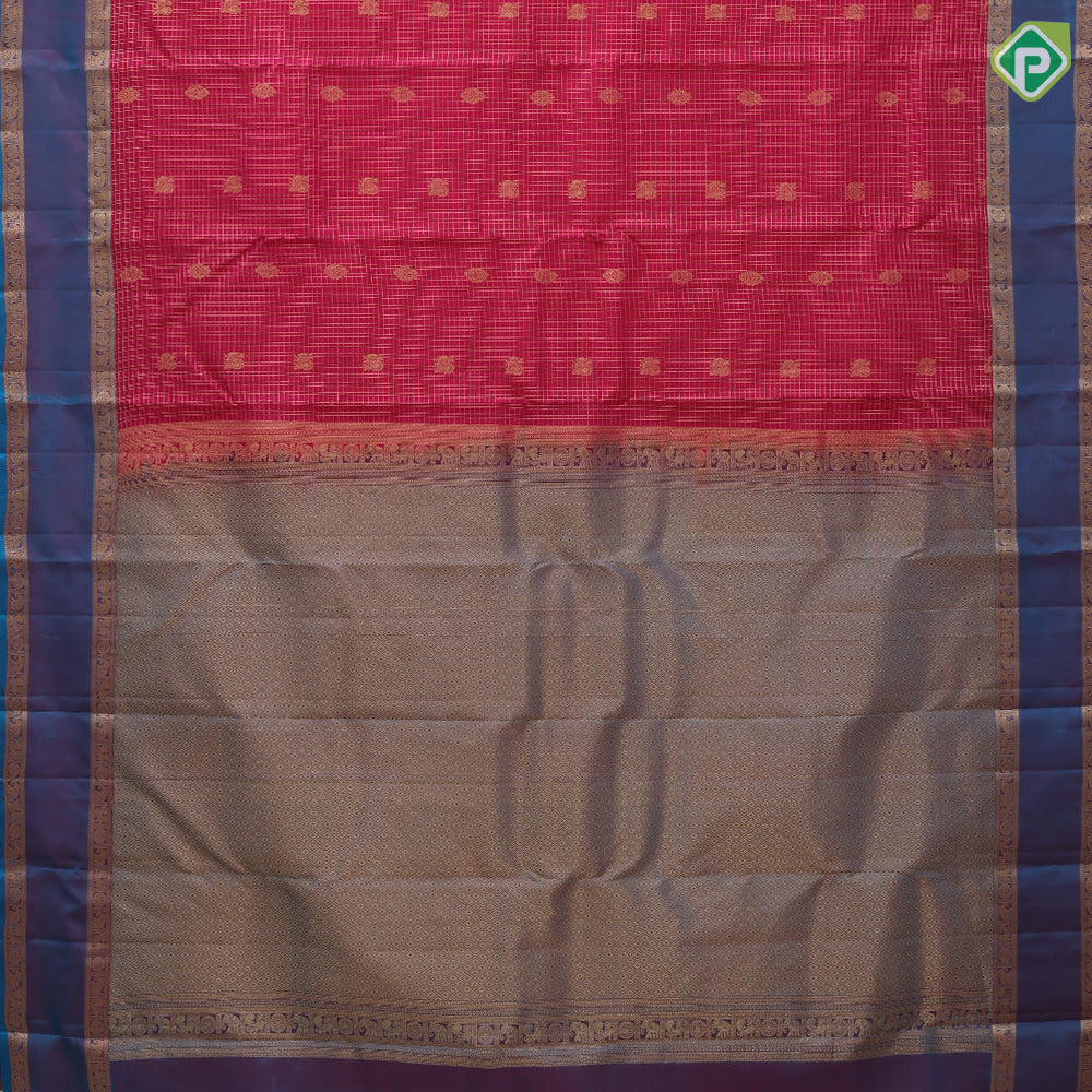 Rani Pink Gold Zari Small Checks Peacock Thilagam Design peacock Blue Peacock Elephant Chagaram Border Design Pure Mix Silk Saree