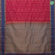 Rani Pink Gold Zari Small Checks Peacock Thilagam Design peacock Blue Peacock Elephant Chagaram Border Design Pure Mix Silk Saree