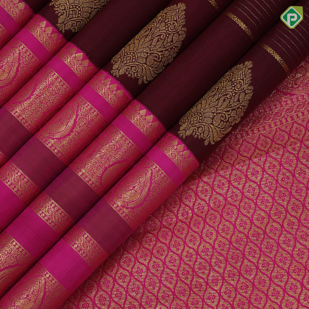 Dark maroon gold zari velthari lines thilagam butta rani pink gold zari peacock thilagam butta lines border traditional silk saree