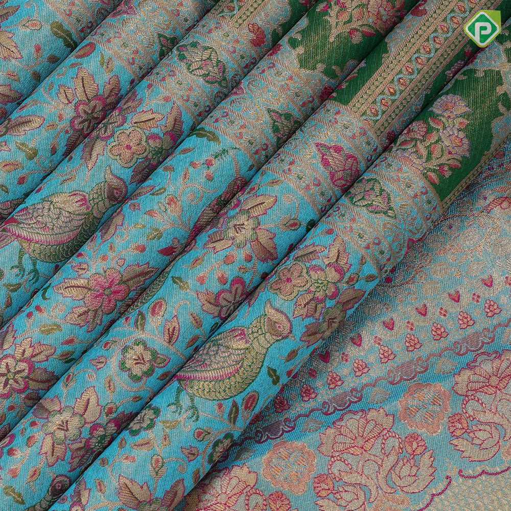 Shamrock green gold zari and multi color meena work rama blue meena work border jacquard tissue silk saree