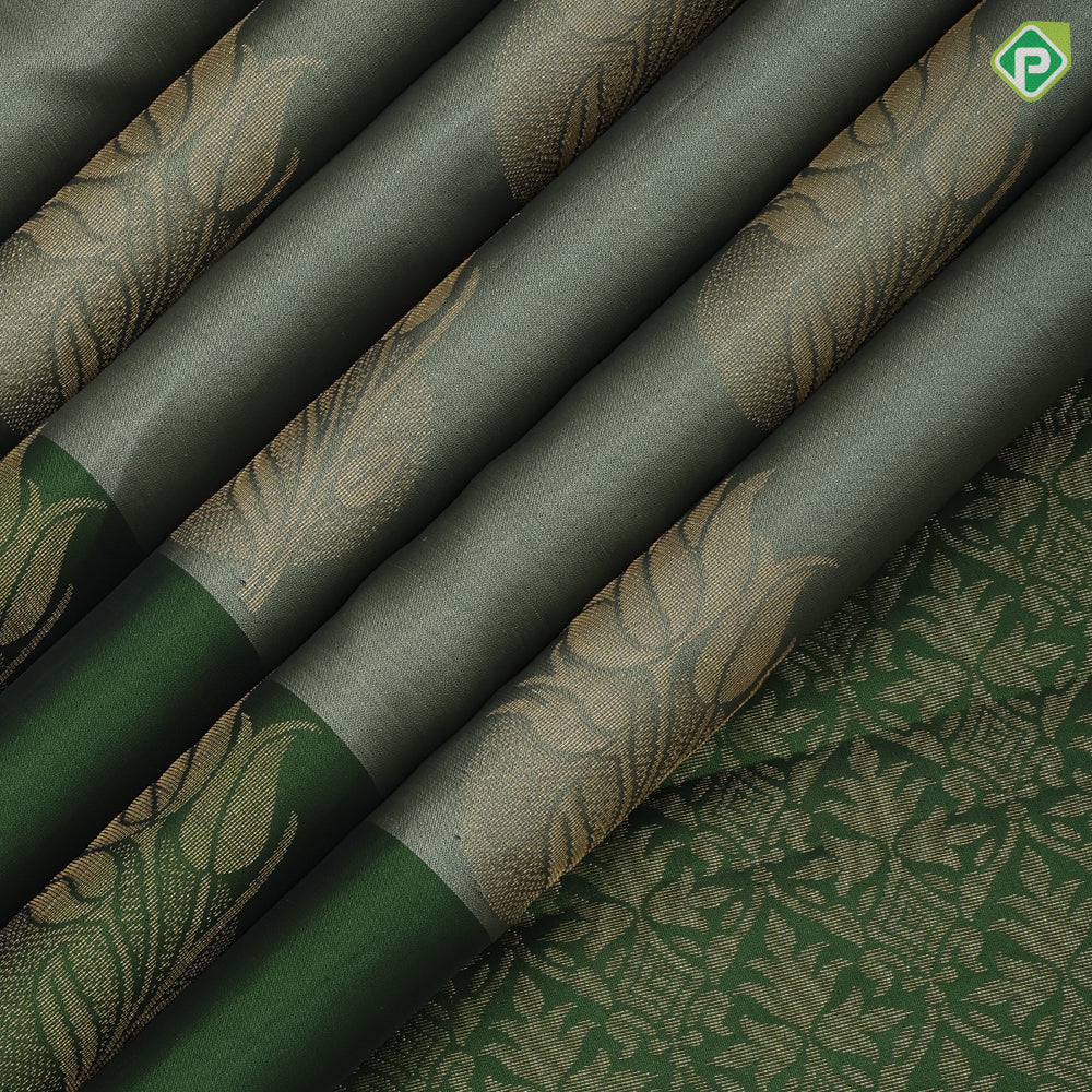 Sage green gold zari fancy lotus butta design forest green fancy flower butta border pure mix silk saree