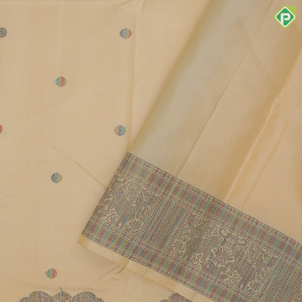 Sandal with multi color thread rudraksham buta motifs self multi color zari Gaja yaazhi turning border traditional silk saree