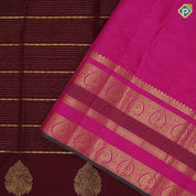 Dark maroon gold zari velthari lines thilagam butta rani pink gold zari peacock thilagam butta lines border traditional silk saree