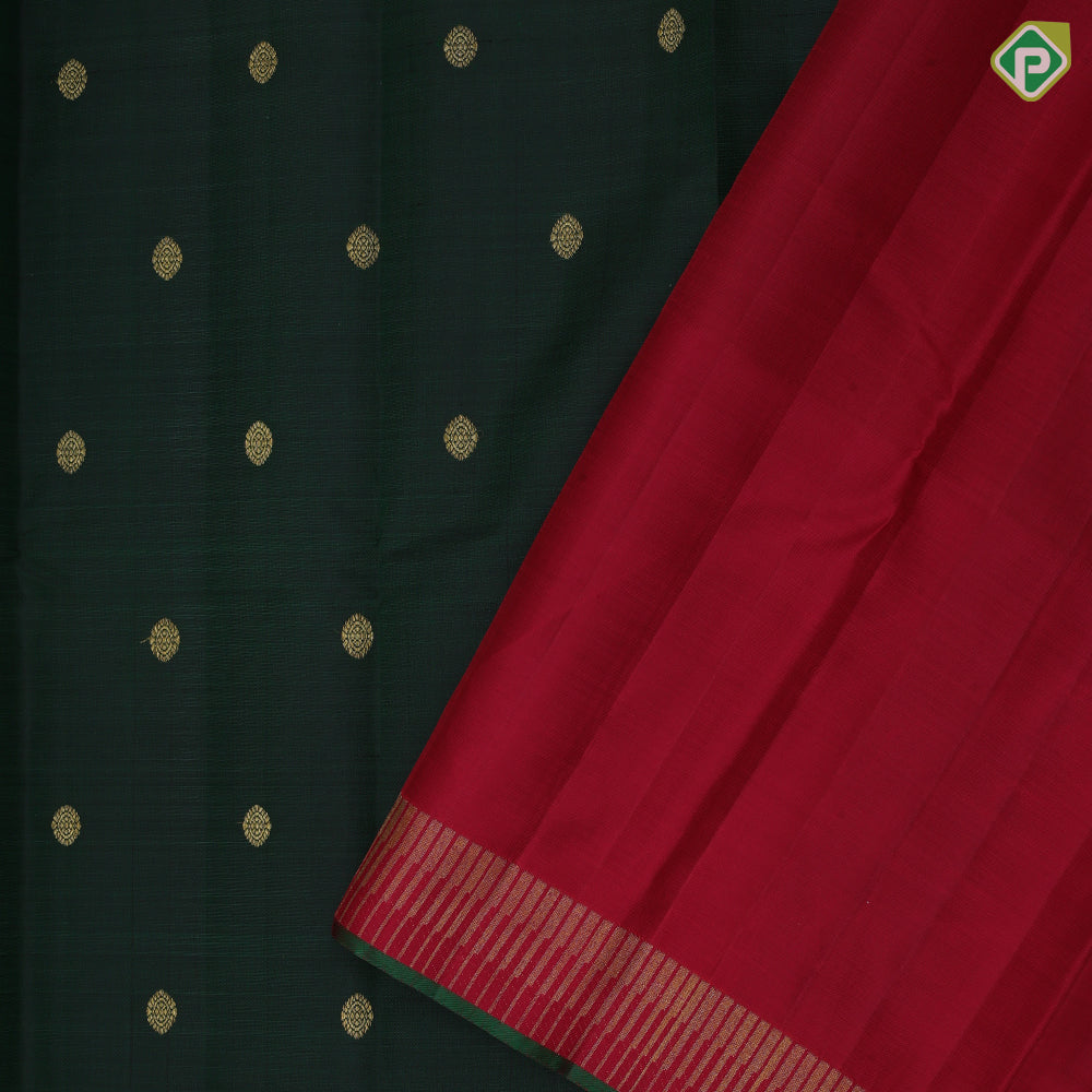 Bottle green gold zari rudraksham butta design red gold zari pichwai painting design high border bridal silk saree